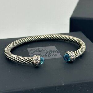 DAVID YURMAN women's bracelet blue topaz 5mm silver cuff with diamonds